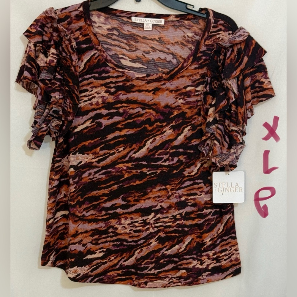 Brown and Black Ruffled Short Sleeve Blouse